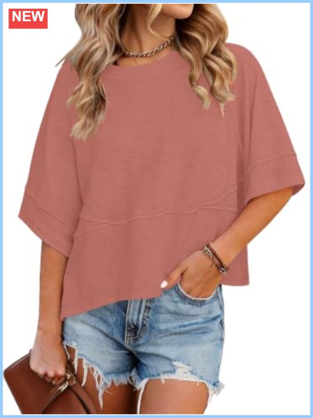 Womens Summer Tops Batwing 3/4 Sleeve Loose Fit Casual Tee
